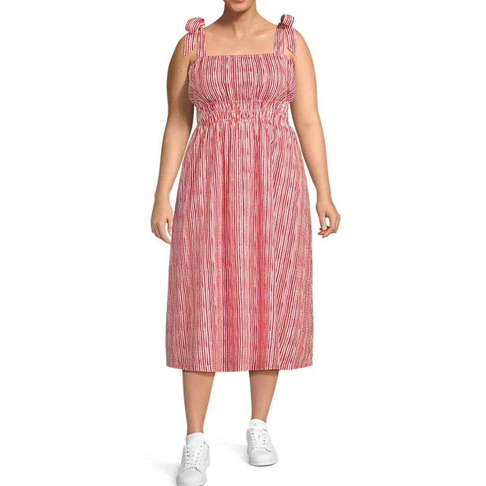 Women's Plus Size Textured Tie Shoulder Midi Dress