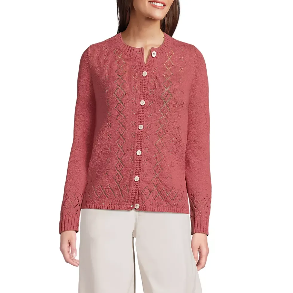 Women's Pointelle Crew Neck Cardigan Sweater
