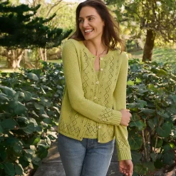 Women's Pointelle Crew Neck Cardigan Sweater