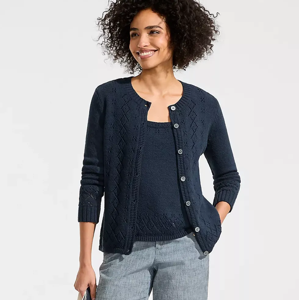 Women's Pointelle Crew Neck Cardigan Sweater