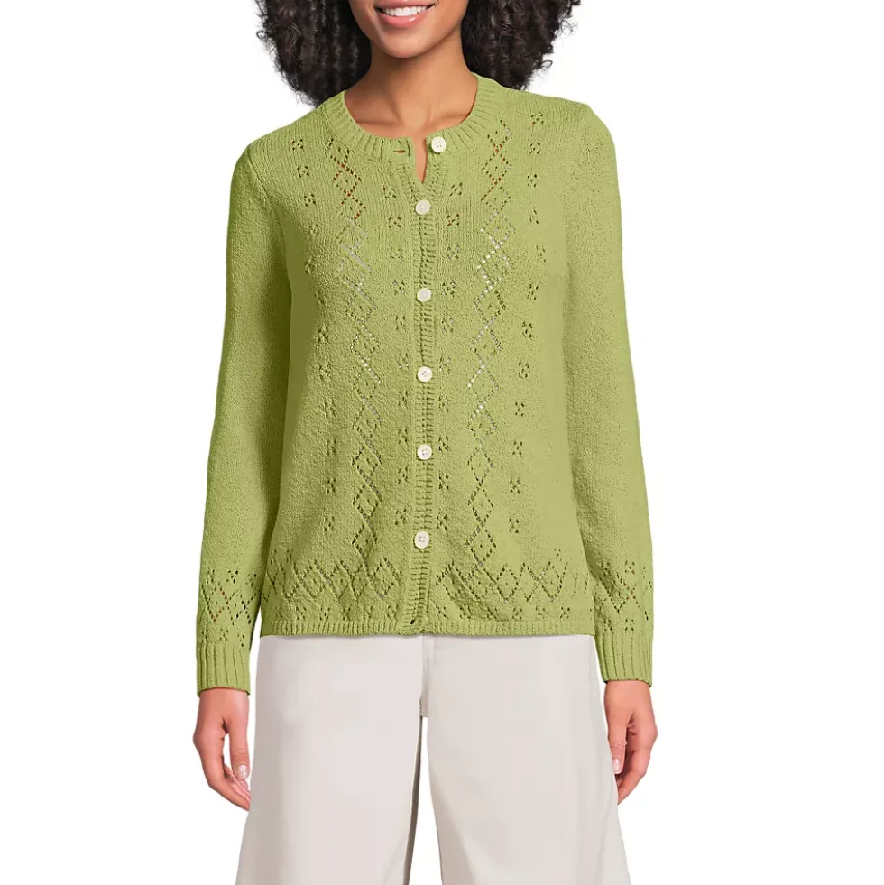 Women's Pointelle Crew Neck Cardigan Sweater