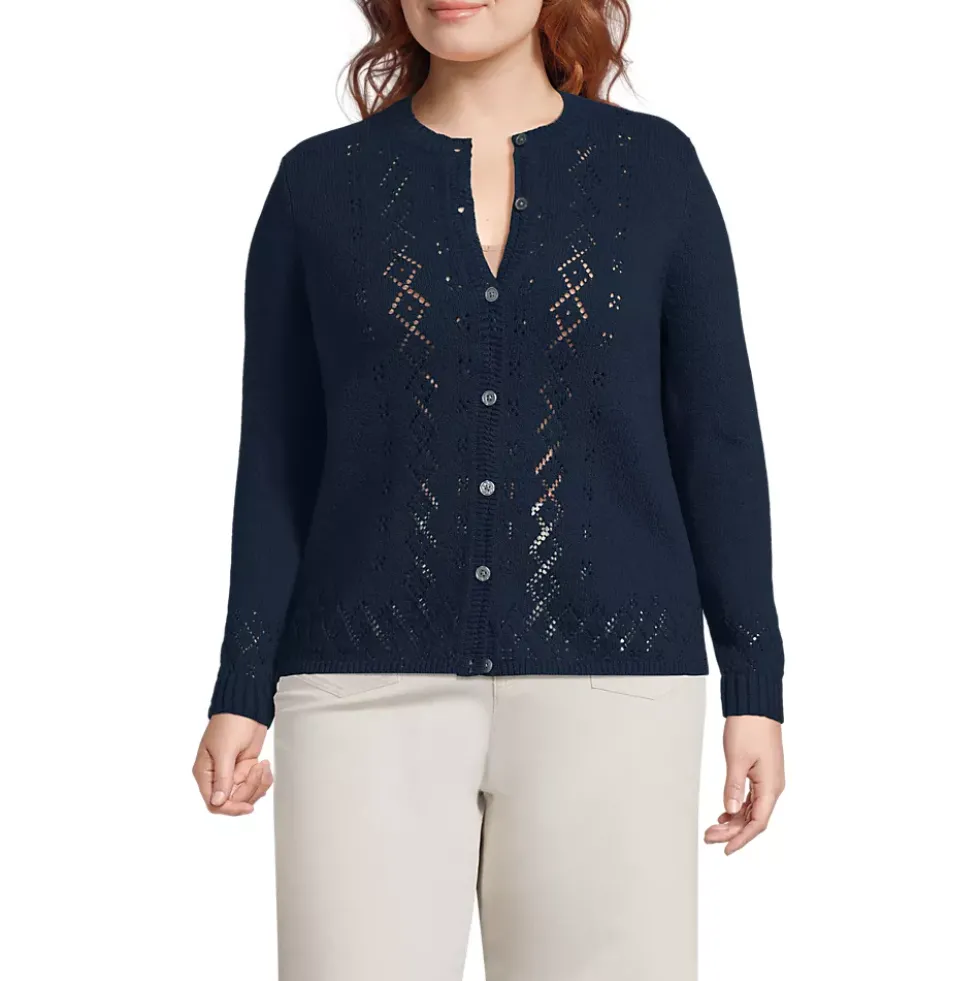 Women's Pointelle Crew Neck Cardigan Sweater