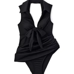 Women's Polo Collar Tie Front Swim Dress Swimsuit