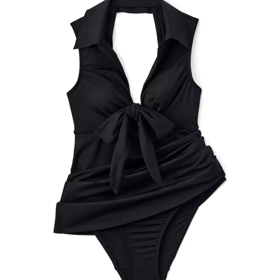Women's Polo Collar Tie Front Swim Dress Swimsuit