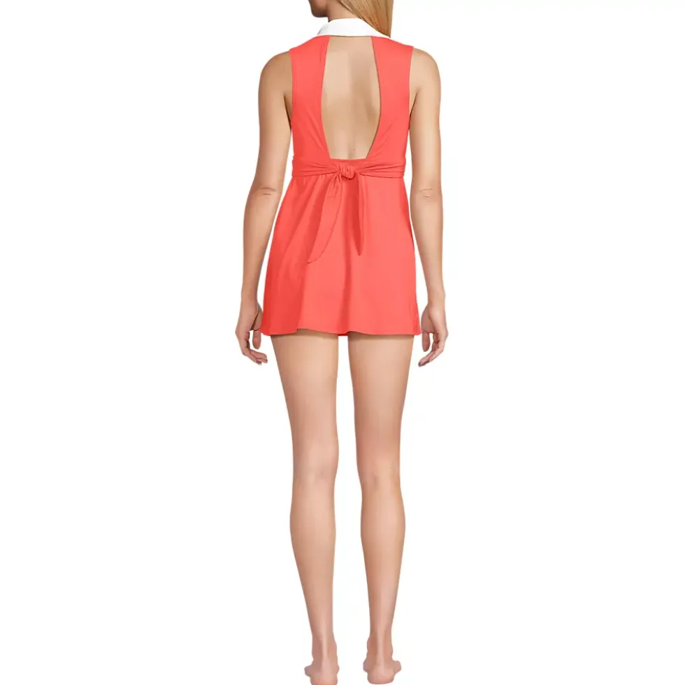 Women's Polo Collar Tie Front Swim Dress Swimsuit