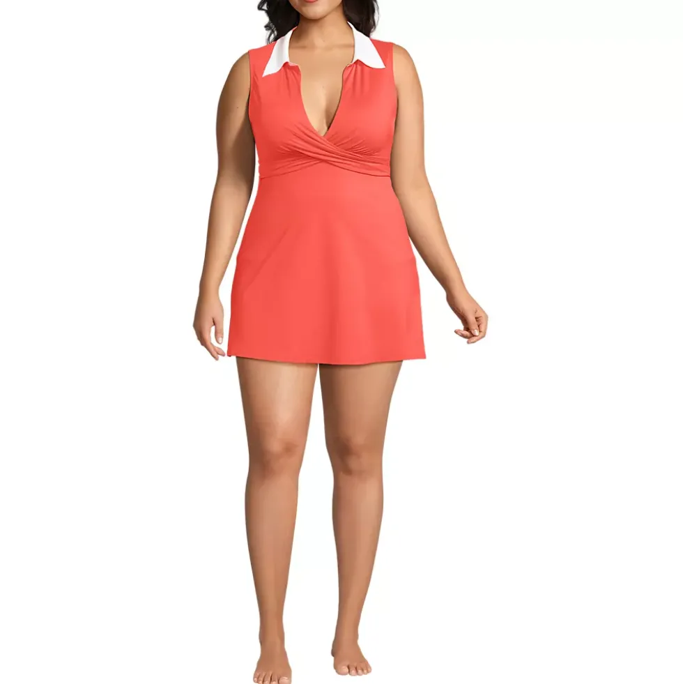 Women's Polo Collar Tie Front Swim Dress Swimsuit