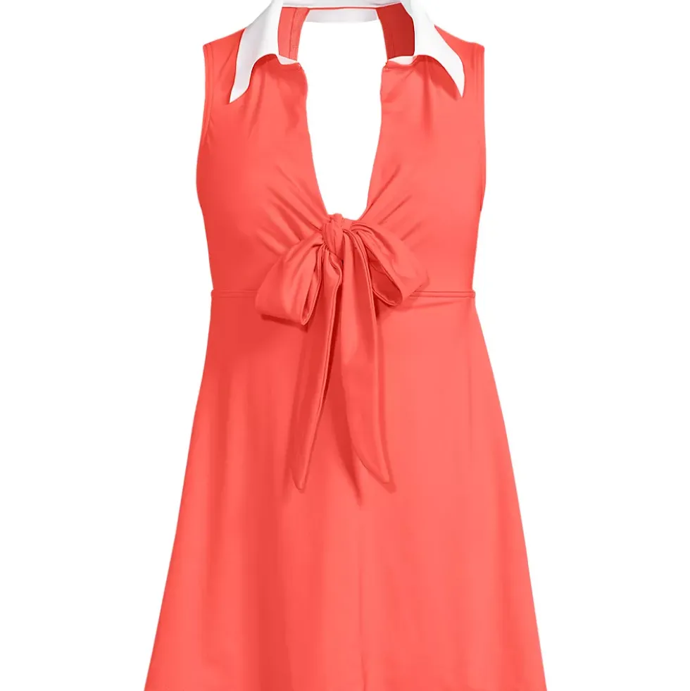 Women's Polo Collar Tie Front Swim Dress Swimsuit