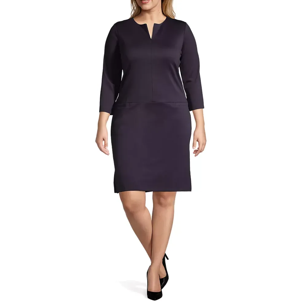 Women's Ponte 3/4 Sleeve Split Neck Shift Dress