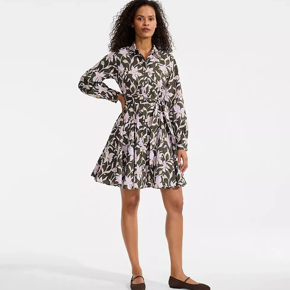 Women's Poplin Button Front Dress with Godets