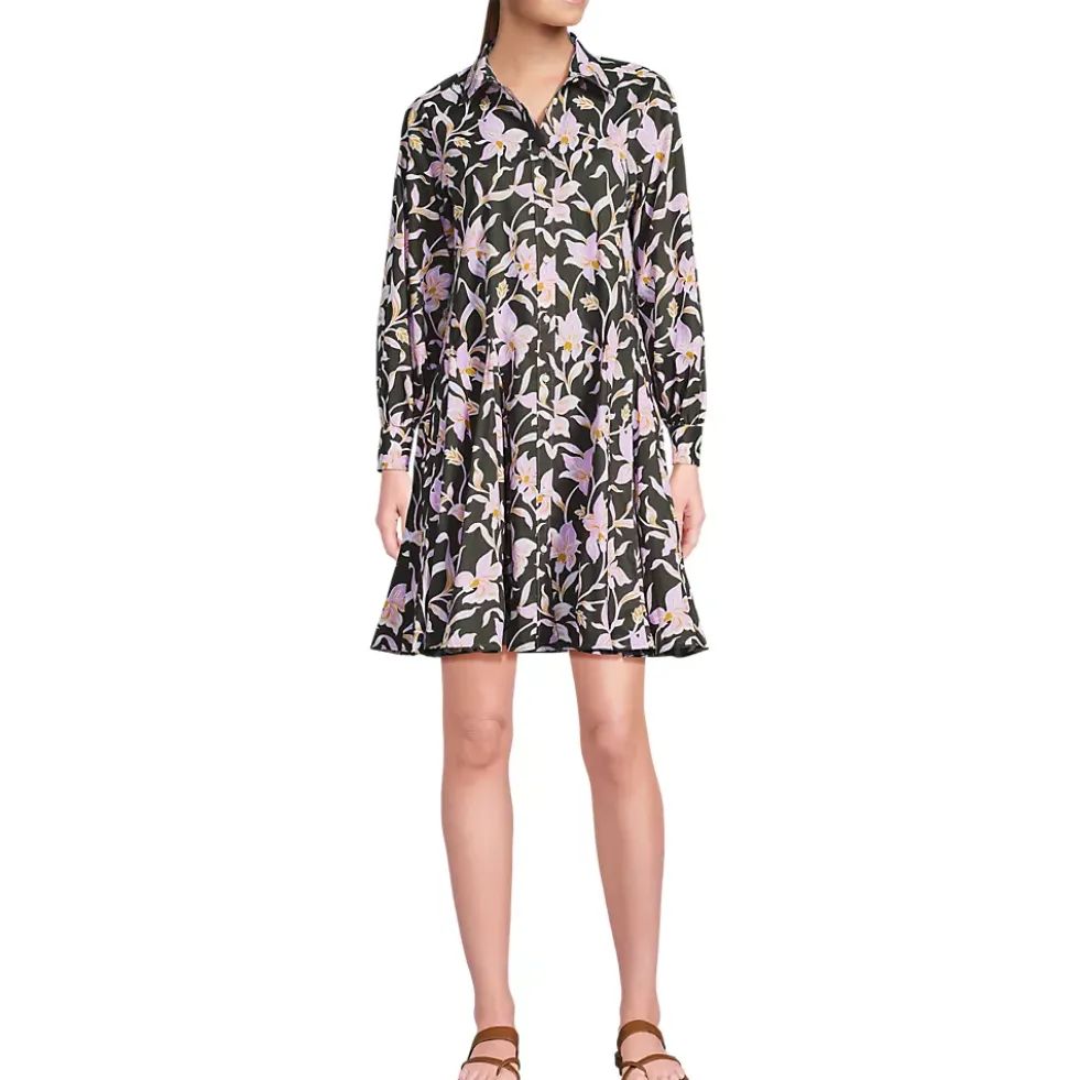 Women's Poplin Button Front Dress with Godets