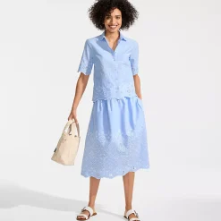 Women's Poplin Drop Waist Embroidered Eyelet Midi Skirt