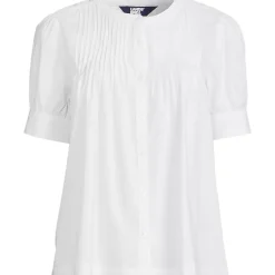 Women's Poplin Elbow Sleeve Pintuck Button Front Top