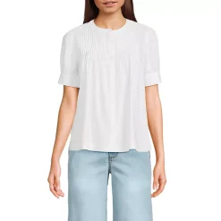 Women's Poplin Elbow Sleeve Pintuck Button Front Top