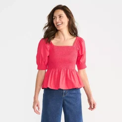 Women's Poplin Elbow Sleeve Smocked Top