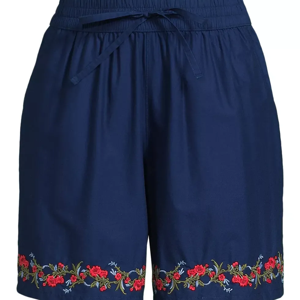 Women's Poplin Embroidered High Rise 7" Pull On Shorts