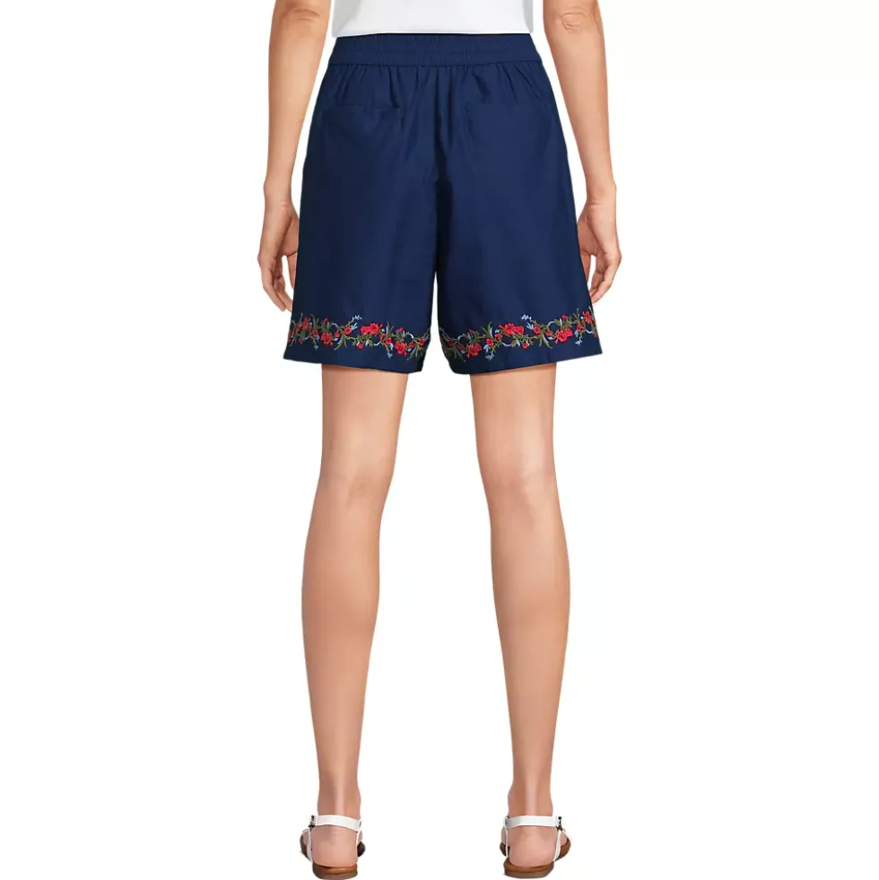 Women's Poplin Embroidered High Rise 7" Pull On Shorts