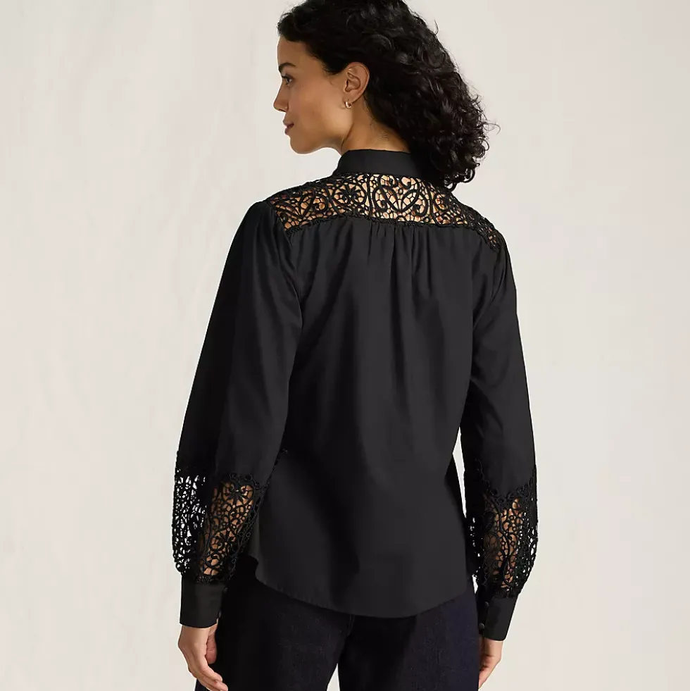 Women's Poplin Lace Inset Long Sleeve Top