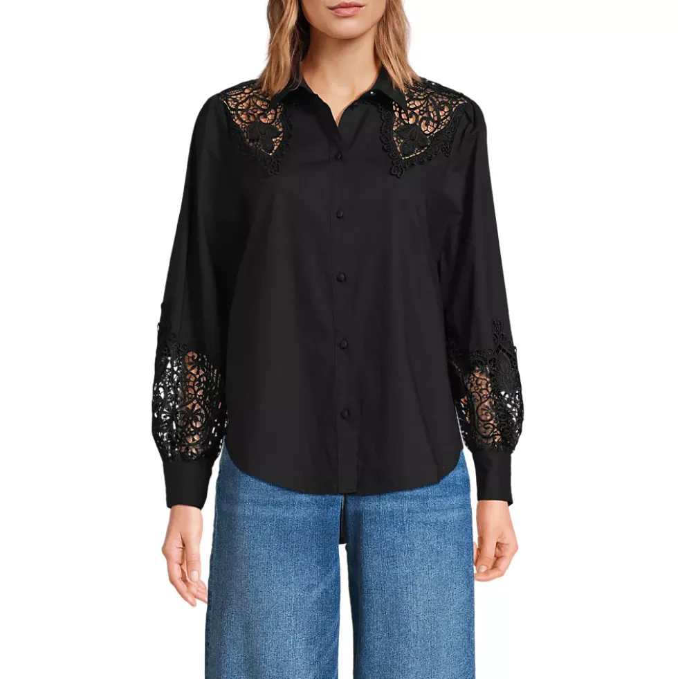 Women's Poplin Lace Inset Long Sleeve Top