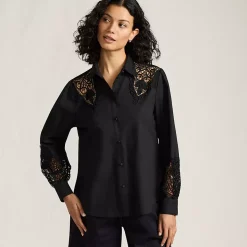 Women's Poplin Lace Inset Long Sleeve Top