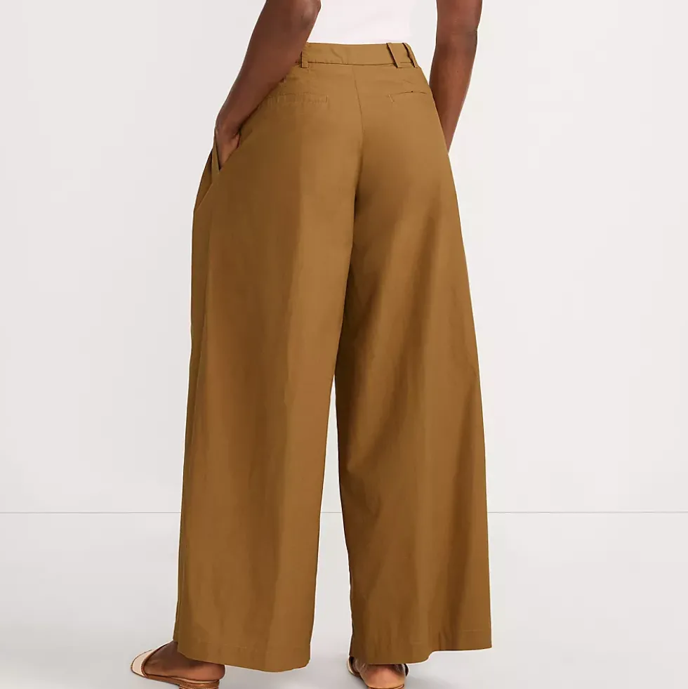 Women's Poplin Mid Rise Pleated Slouchy Pants