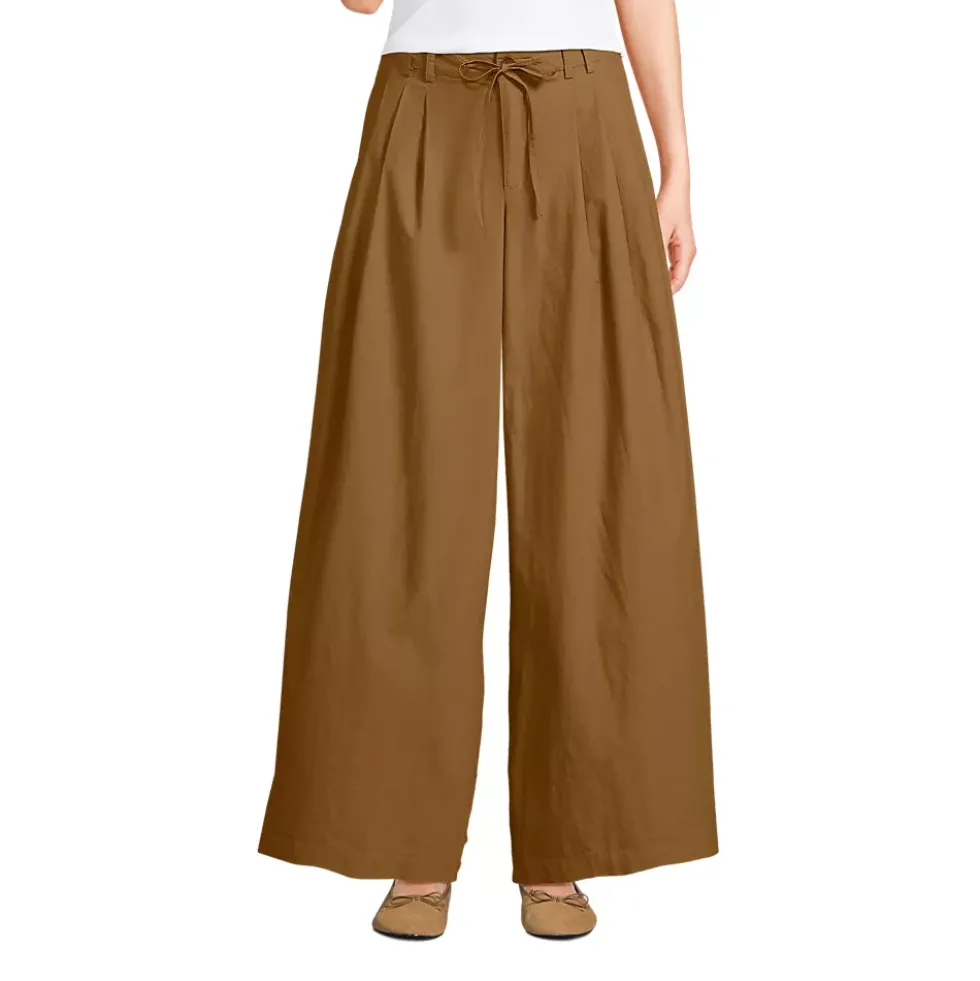 Women's Poplin Mid Rise Pleated Slouchy Pants