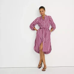 Women's Poplin Oversized Puff Sleeve Midi Shirt Dress