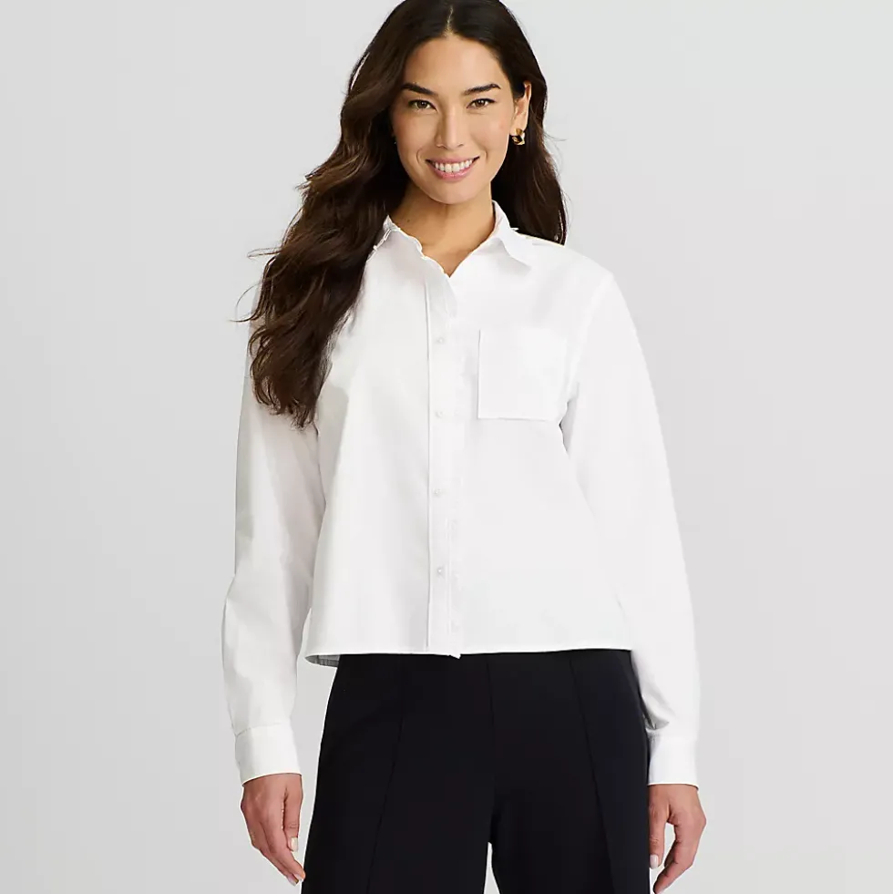 Women's Poplin Ruffle Button Front Cropped Shirt