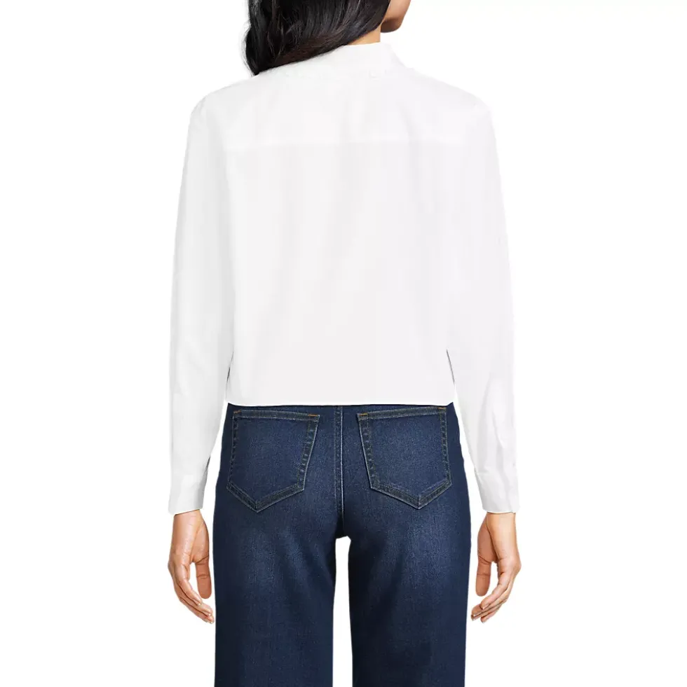 Women's Poplin Ruffle Button Front Cropped Shirt