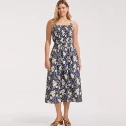 Women's Poplin Smocked Bodice Midi Dress