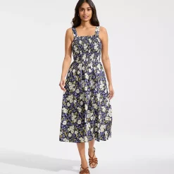 Women's Poplin Smocked Bodice Midi Dress