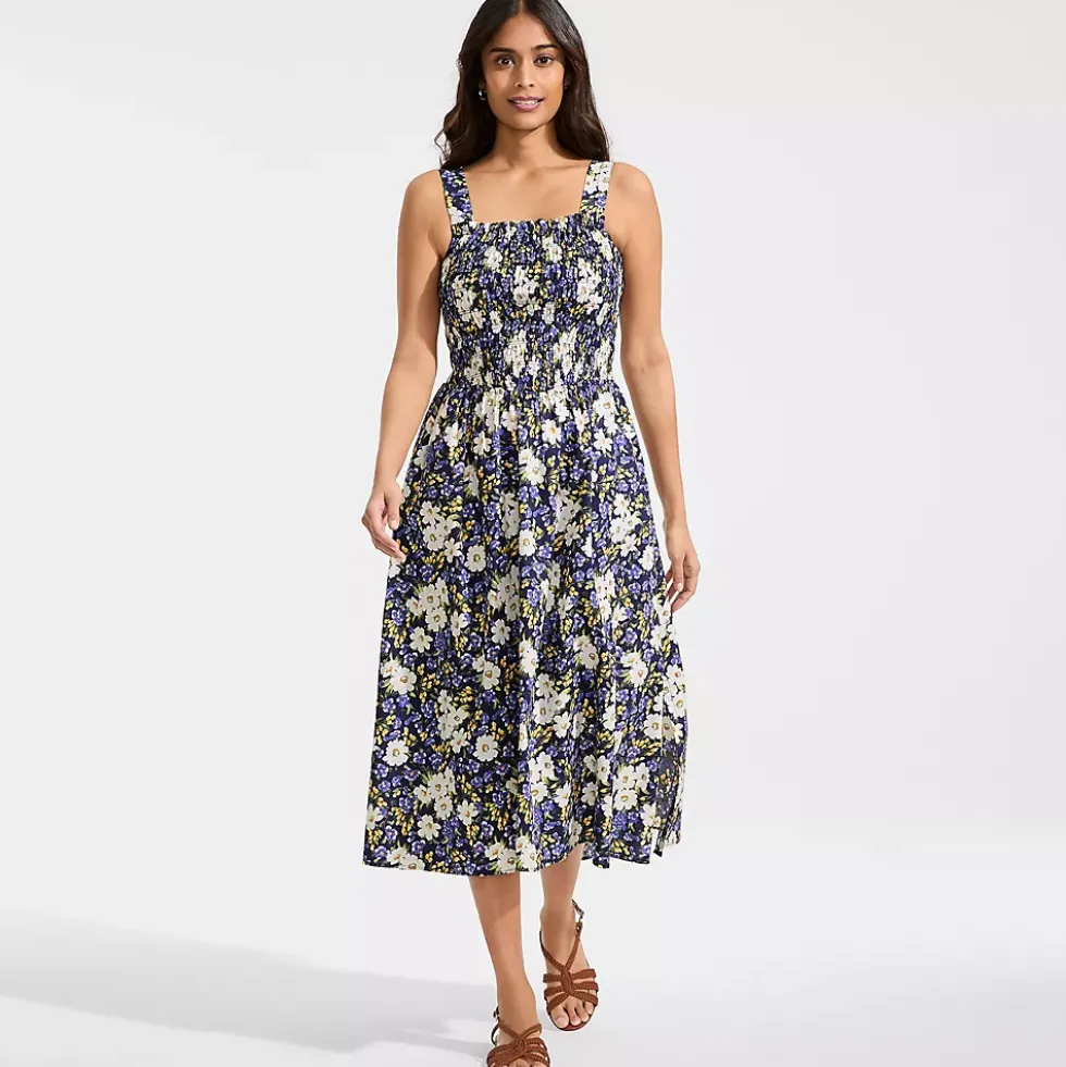 Women's Poplin Smocked Bodice Midi Dress