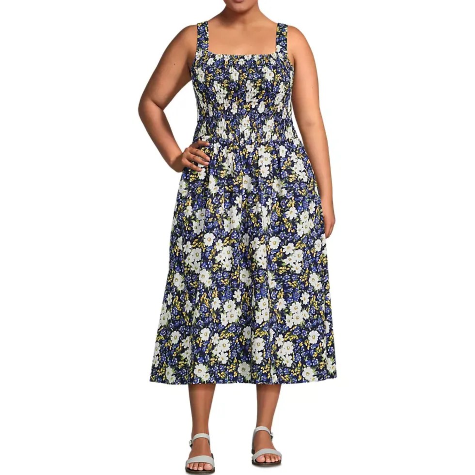 Women's Poplin Smocked Bodice Midi Dress