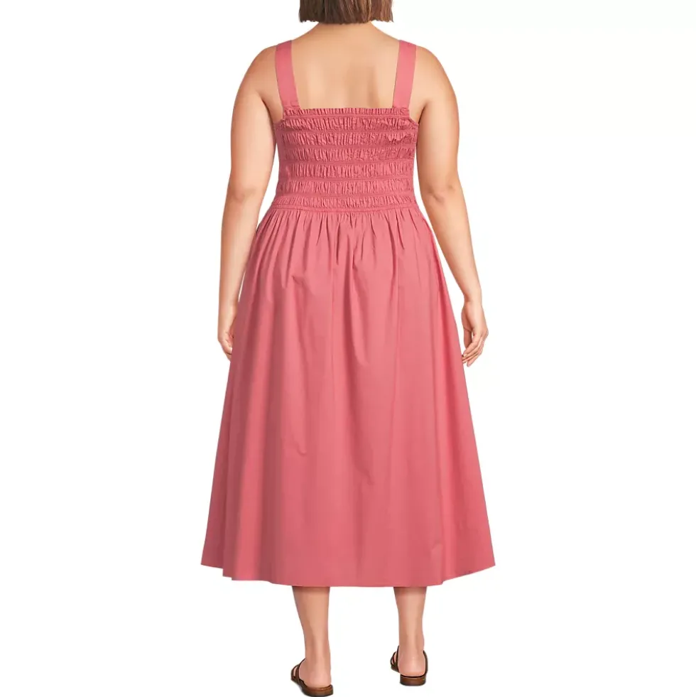 Women's Poplin Smocked Bodice Midi Dress