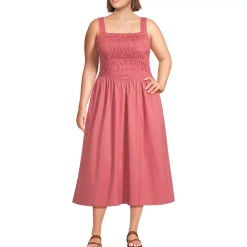 Women's Poplin Smocked Bodice Midi Dress