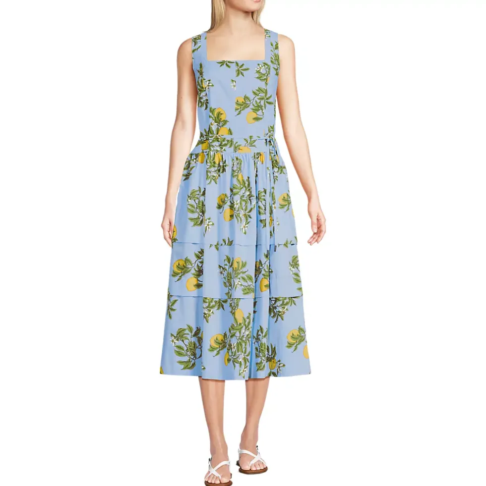 Women's Poplin Square Neck Midi Tie Waist Dress