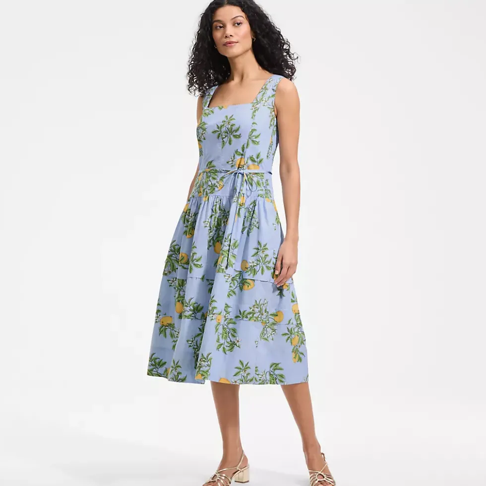 Women's Poplin Square Neck Midi Tie Waist Dress