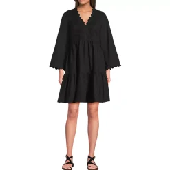 Women's Poplin V Neck Embroidered Dress