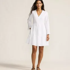 Women's Poplin V Neck Embroidered Dress
