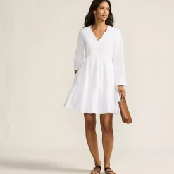 Women's Poplin V Neck Embroidered Dress