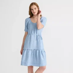 Women's Puff Sleeve Pleated Linen Knee Length Dress