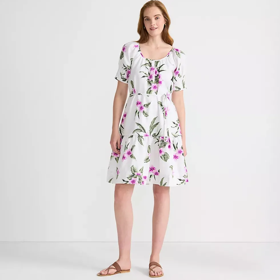 Women's Puff Sleeve Pleated Linen Knee Length Dress