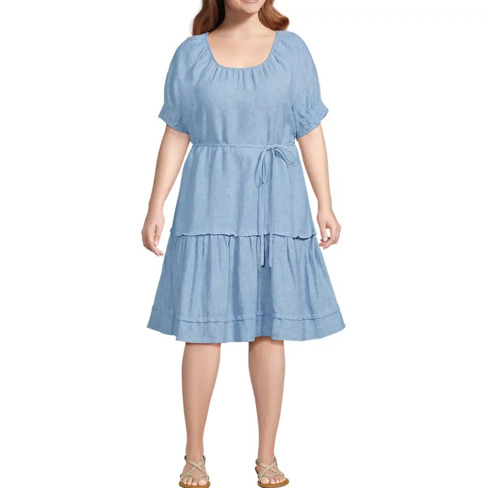 Women's Puff Sleeve Pleated Linen Knee Length Dress