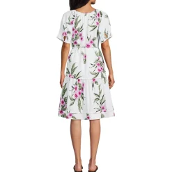 Women's Puff Sleeve Pleated Linen Knee Length Dress