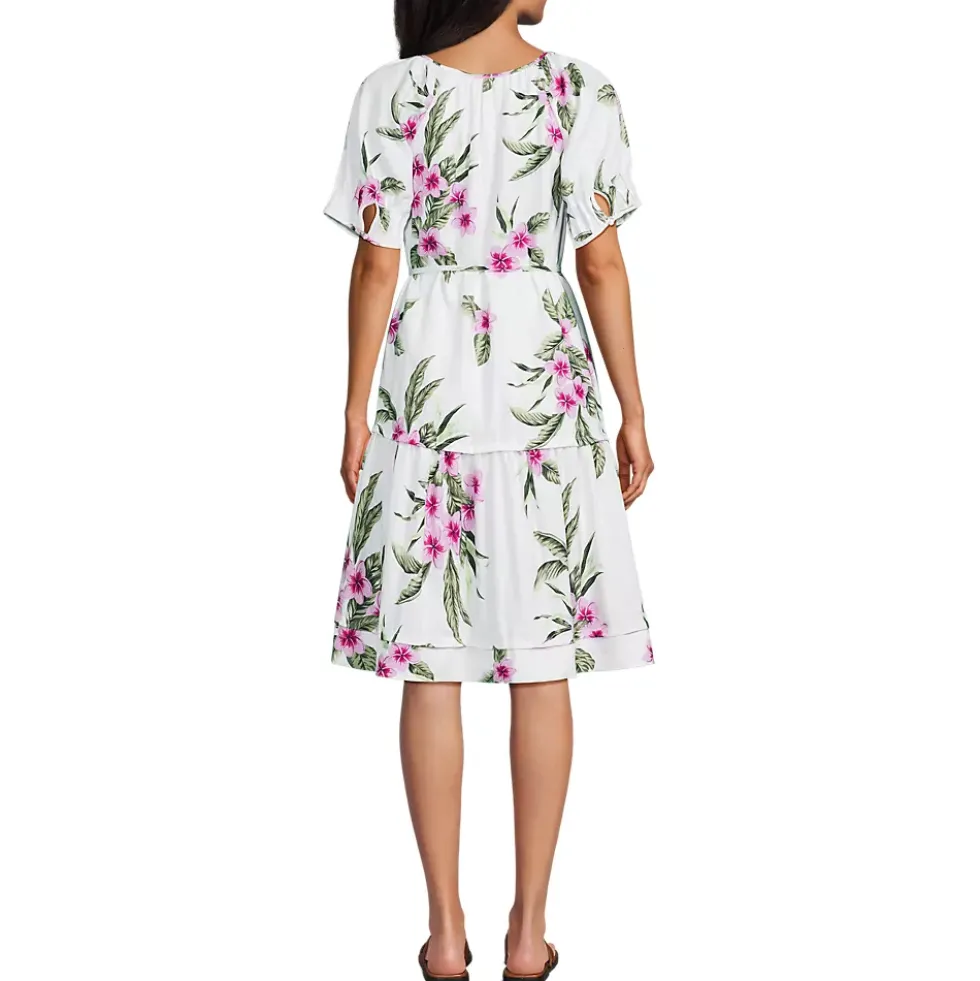 Women's Puff Sleeve Pleated Linen Knee Length Dress
