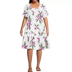 Women's Puff Sleeve Pleated Linen Knee Length Dress