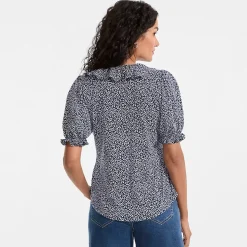 Women's Puff Sleeve Slub Ruffle Pintuck Top
