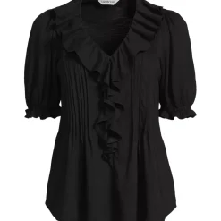 Women's Puff Sleeve Slub Ruffle Pintuck Top