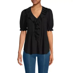 Women's Puff Sleeve Slub Ruffle Pintuck Top
