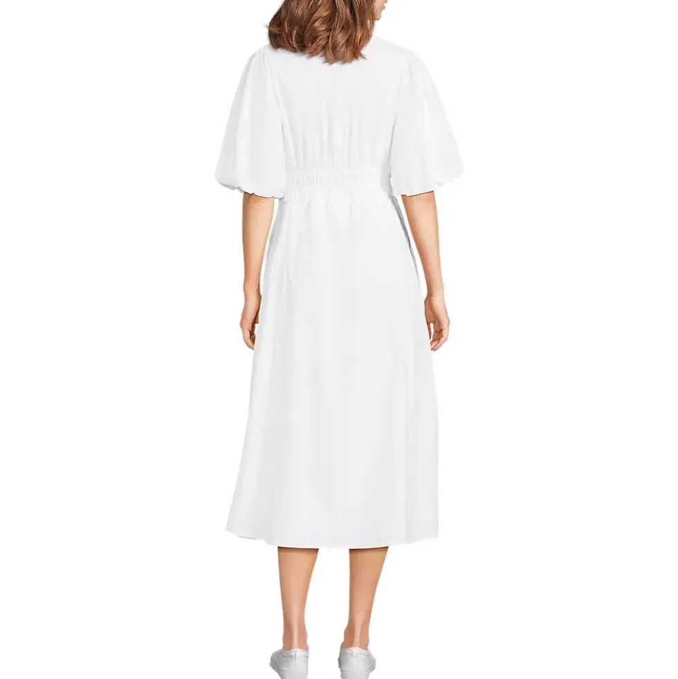 Women's Puff Sleeve Smocked Waist V Neck Dress