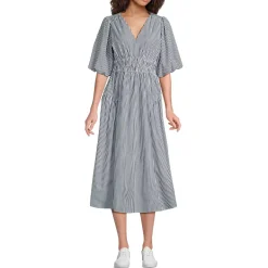 Women's Puff Sleeve Smocked Waist V Neck Dress